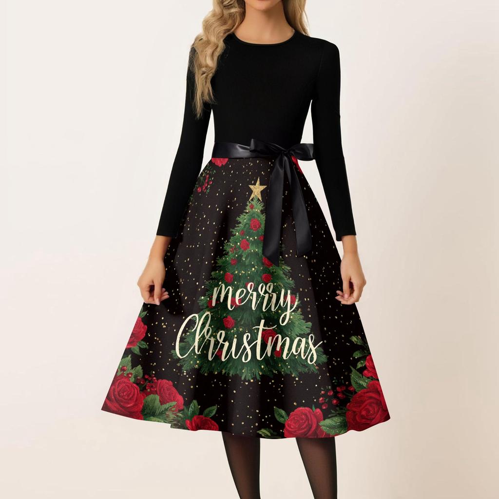 Women's Casual Fashion Round Neck Christmas Printed Vintage Dress