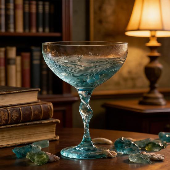 Spiral Cup Handle Wine Glass with Gradient Blue-Green Tone Unique Wave Texture Design Handheld Spiral Wine Cup