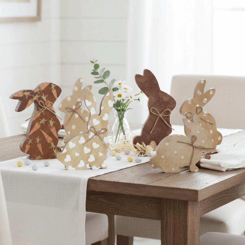 4/5 Piece With Bowknot Easter Wooden Rabbit Ornament DIY Thickened Easter Tray Rabbit Ornament Cute Printed
