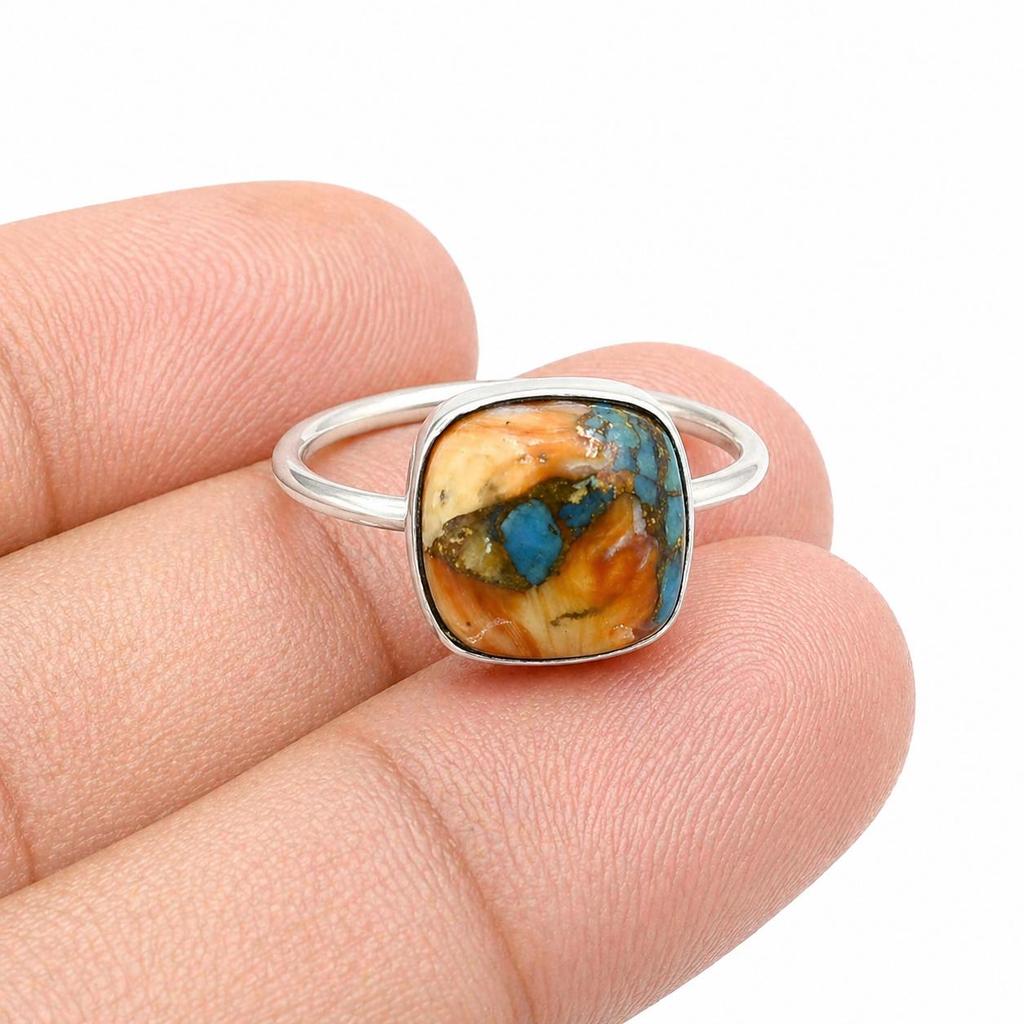 Spiny Oyster Turquoise Ring 925 Sterling Silver, Orange Blue Oyster Turquoise Gemstone Ring, Handmade Boho Jewelry, Unique Statement Ring