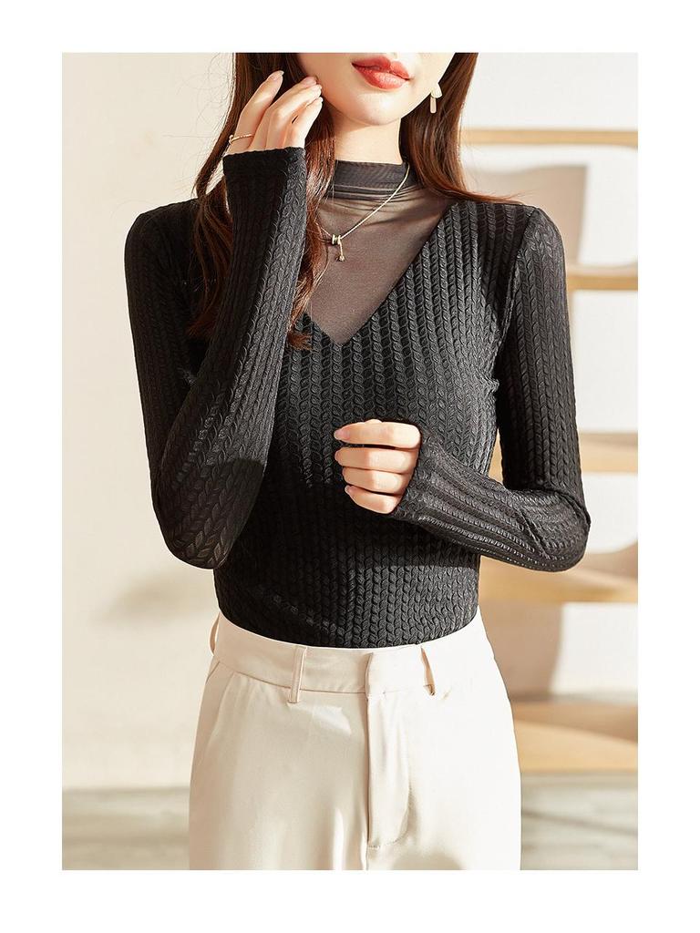 2023 Women's Autumn Long-Sleeve Lace Mesh Top with Half-High Collar