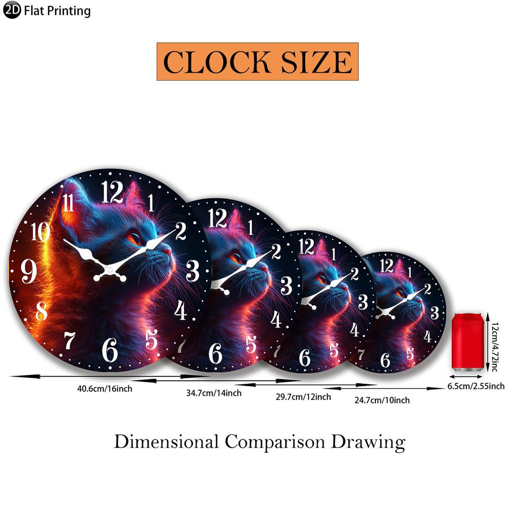 Wooden Silent Wall Clock Neon glowing cat Quartz Analog Clock for Bedroom Bathroom Halloween New Year Gift