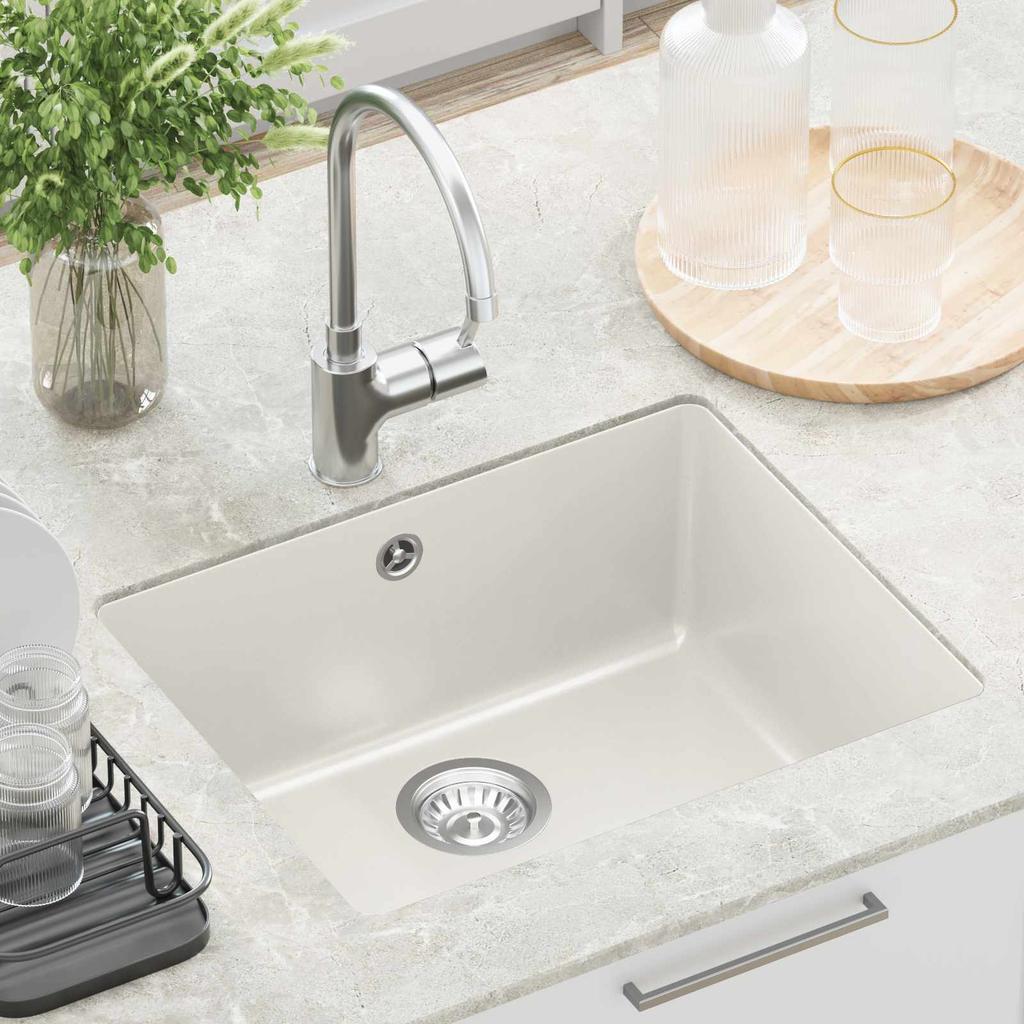 White Kitchen Sink 530 x 460 mm Made of 80percent Quartz and 20percent Resin
