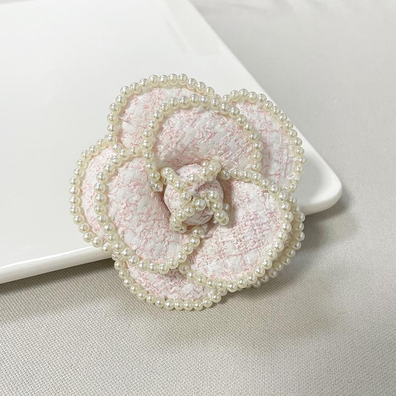 Korean Chunky Knit Coat with Pearl Edging and Camellia Brooch