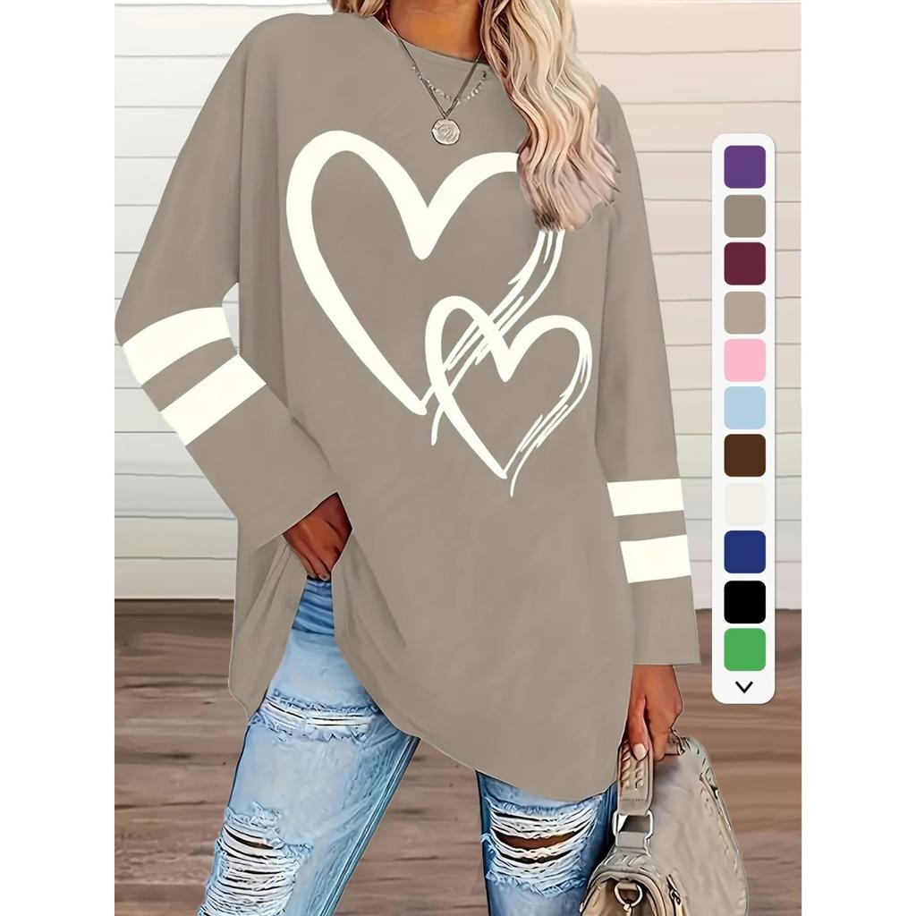 T-shirt da Donna Taglie Forti, Maglia Casual a Girocollo Manica Lunga con Stampa a Cuore, Abbigliamento da Donna Taglie Forti all'Ingrosso