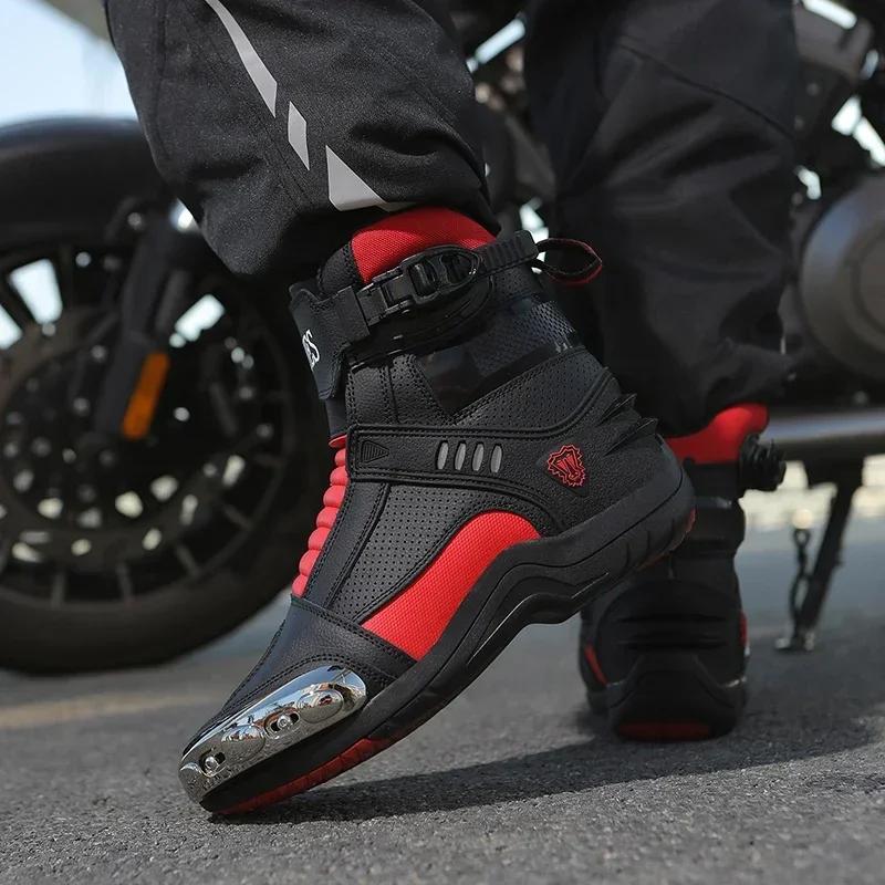 Pánské motocyklové boty, prodyšné, proti pádu, silniční závodní boty, reflexní motocyklové boty s gumovou podrážkou, řadicí páka