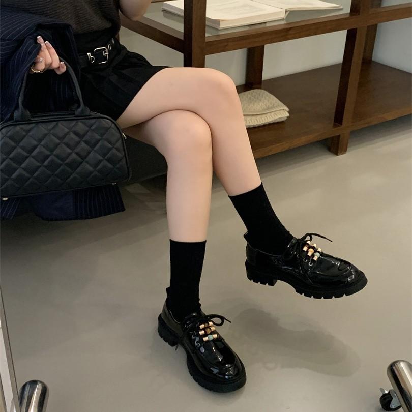 Muffin platform loafers women's 2025 autumn new versatile lace-up single shoes small people increase height British small leather shoes