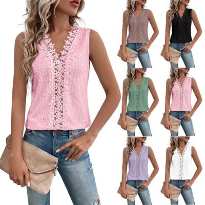 Women Lace Trim Tank Tops V Neck Fashion Casual Sleeveless Blouse Vest Shirts