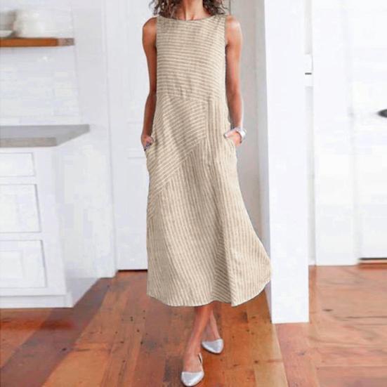 Women Summer Dress Striped Patchwork Sleeveless O-neck Loose Dress-up Pockets A-line Women Midi Dress Women Clothes
