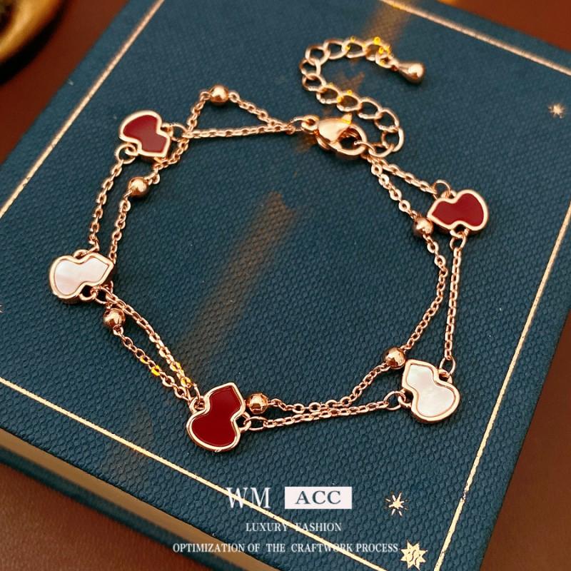 Double Layer Pendant Bracelet Women Rose Gold Plated Copper With Red Enamel Vintage French Chic Style Geometric Design