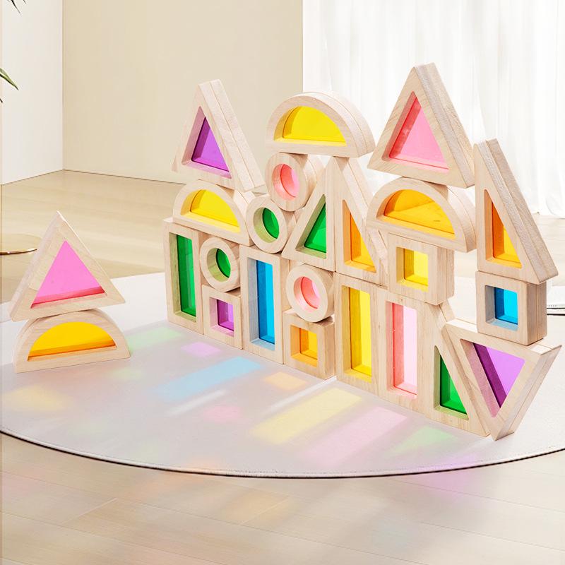 Wooden Rainbow Acrylic Blocks: Interlocking Early Childhood Building Toys