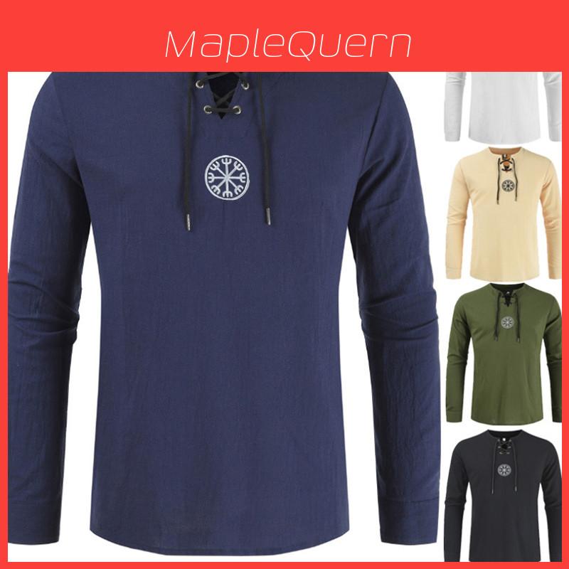 Stylish Medieval Men's Long Sleeve Lace Up Solid Color Retro Cosplay Costume T-shirt
