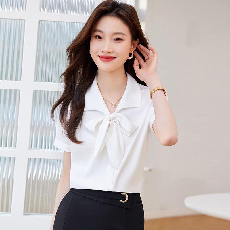 Women s Elegant Satin Bow Short Sleeve Blouse 2XL