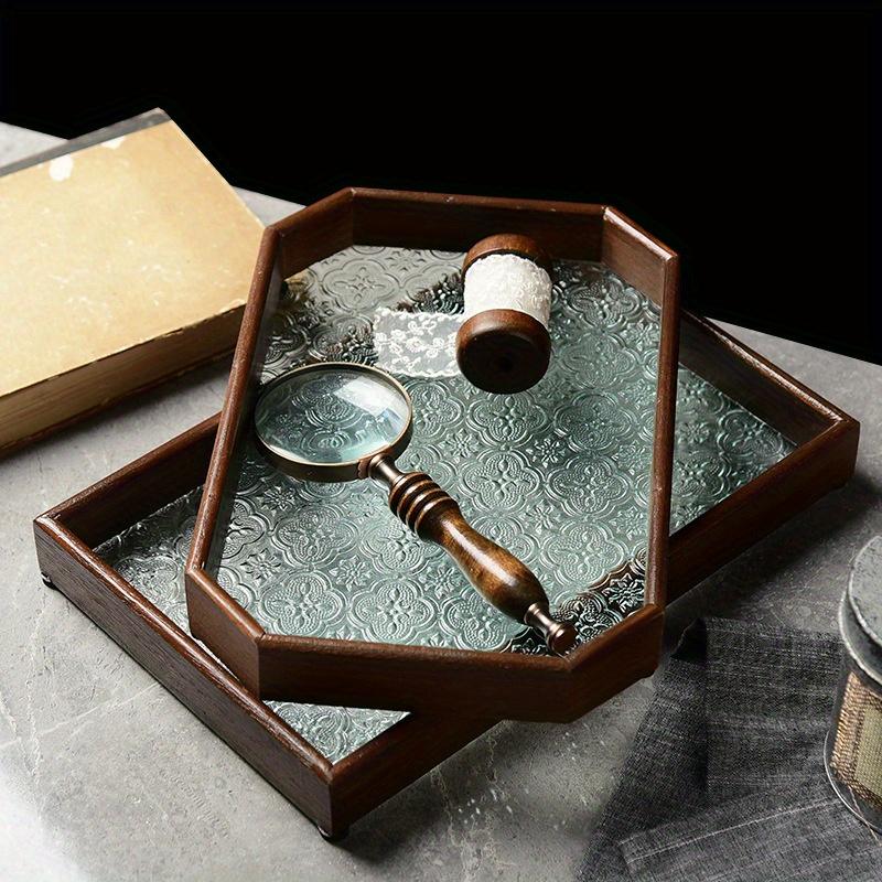 Black/White Square or Octagon 1pc Vintage Wood Crabapple Embossed Glass Desktop Tea tray,Walnut Snack Fruit Household Storage Tray.