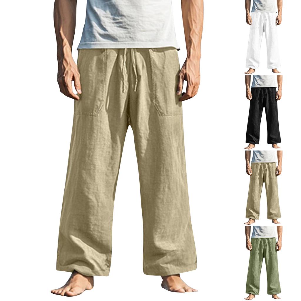 Men Linen Drawstring Waist Loose Fit Trousers Lightweight Straight Leg Casual Pants for Daily Wear Travel Yoga