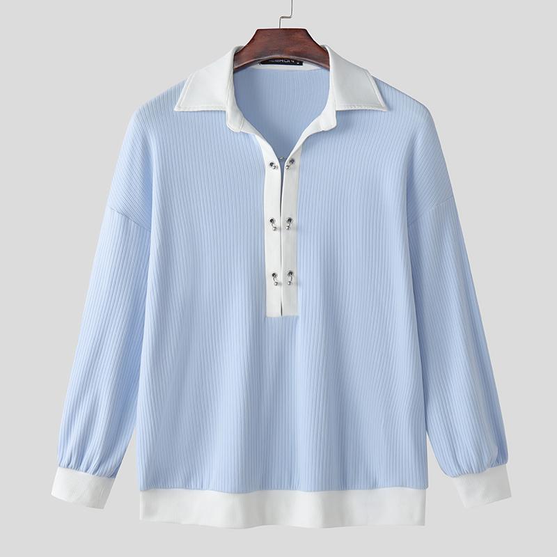 

INCERUN Oversized Men Lapel Neck Long Sleeve Stitching Loose Rib Tops T-shirts 3XL синій