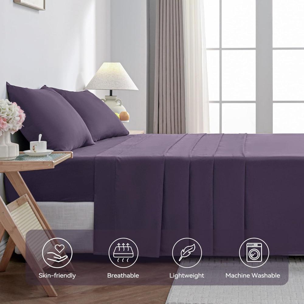 JELLYMONI Sheet Set King Size 4pcs Cotton Purple Easy-Fit 16 Inch Deep Pocket 100% Washed Cotton Soft Breathable (1 Fitted Sheet