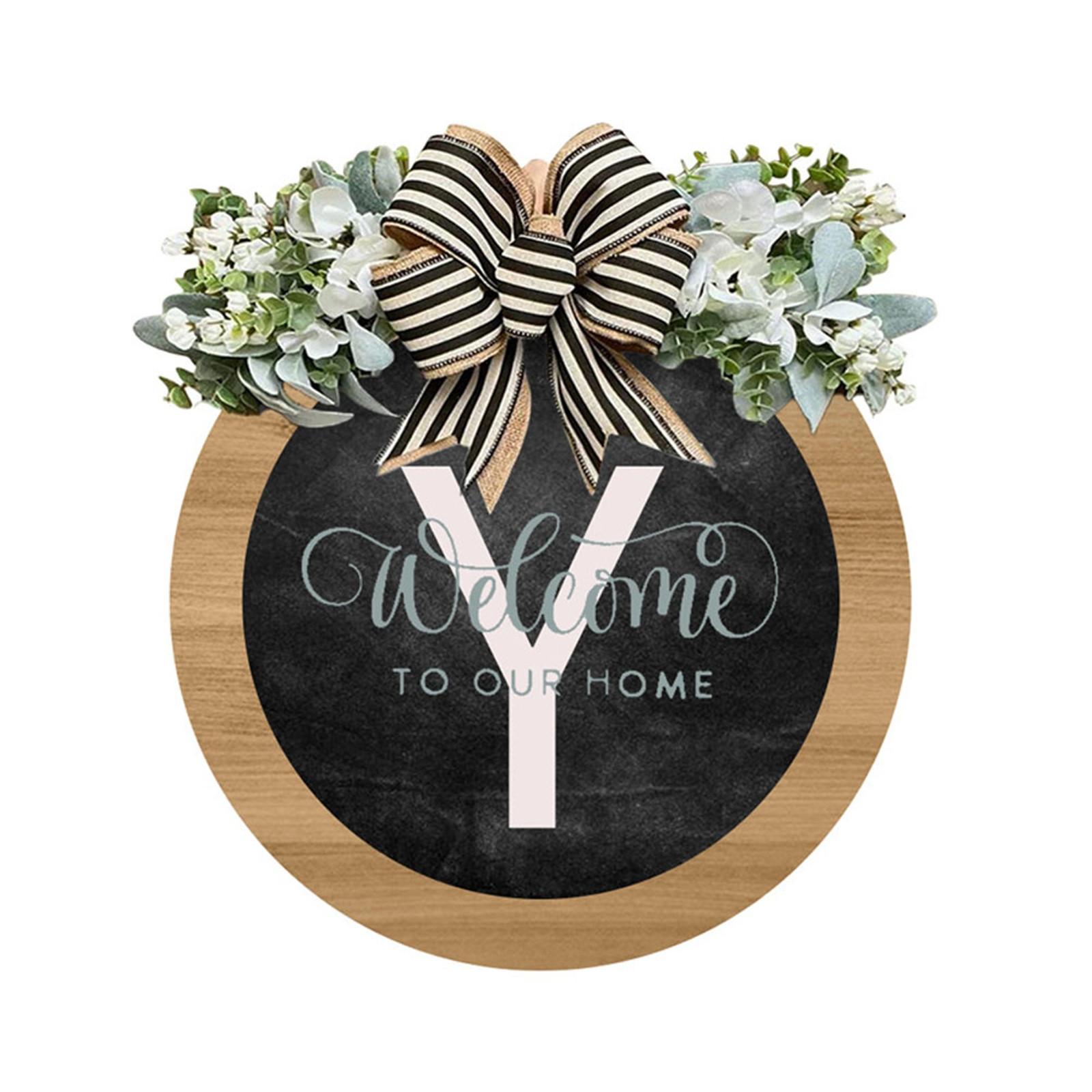 

(Куниде) Новая фамилия круглый год венок на входную дверь, приветственный знак на входной двери, фермерский дом из 26 букв — венок с эвкалиптом — венок и бант One Size