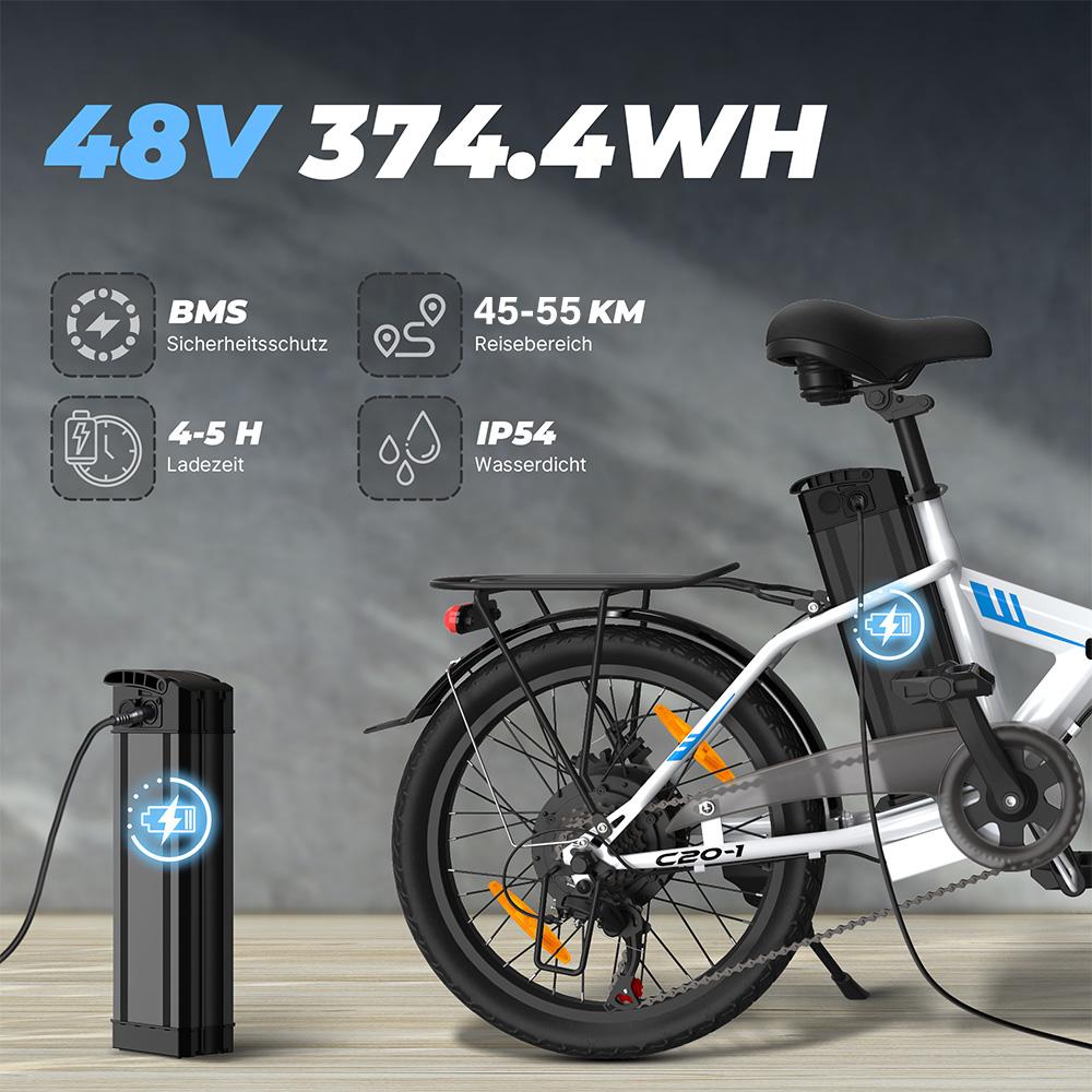 Electric Bike Foldable VARUN C20 20" 250W Motor City Ebike 48V 7.8AH Top Speed 25Km/h 7 Speed LCD Display Load 150Kg White