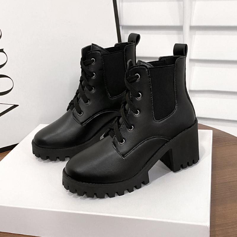 Fashion Women Retro Round Toe Chunky Heels Ankle Boots Autumn New High Heels Shoes Woman Lace Up Platform Short Booties Big Size 43