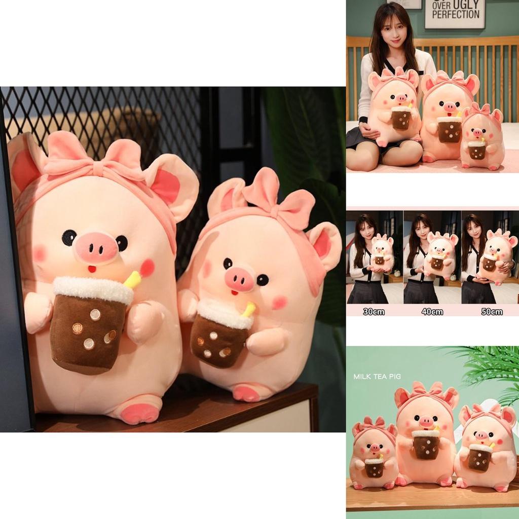 Adorable Milk Tea Pig Pink Pig Plush Toy With Bow Headband