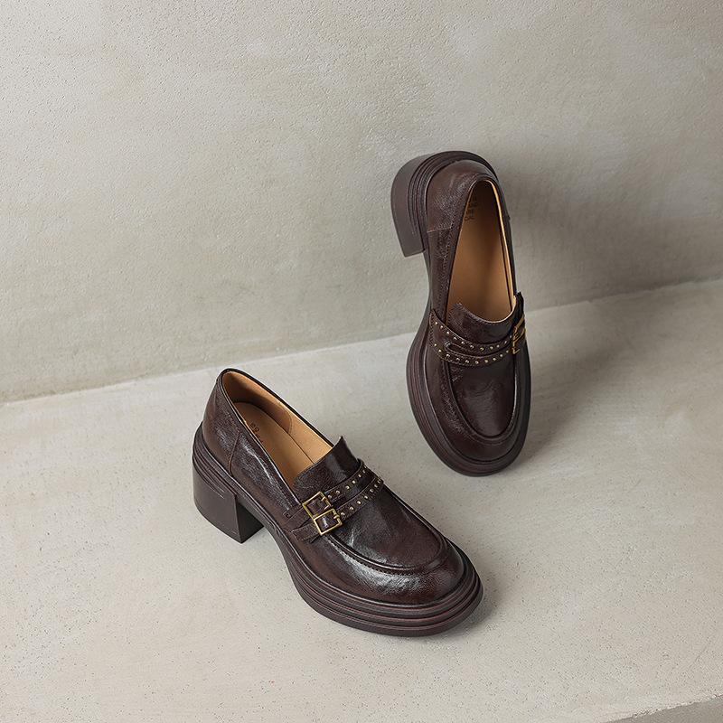 

Мягкий! Овчина~ платформа на толстом каблуке туфли-лоферы женские 2025 новые туфли на высоком каблуке женские с глубоким вырезом на одной педали маленькие кожаные туфли 40 темно-коричневого