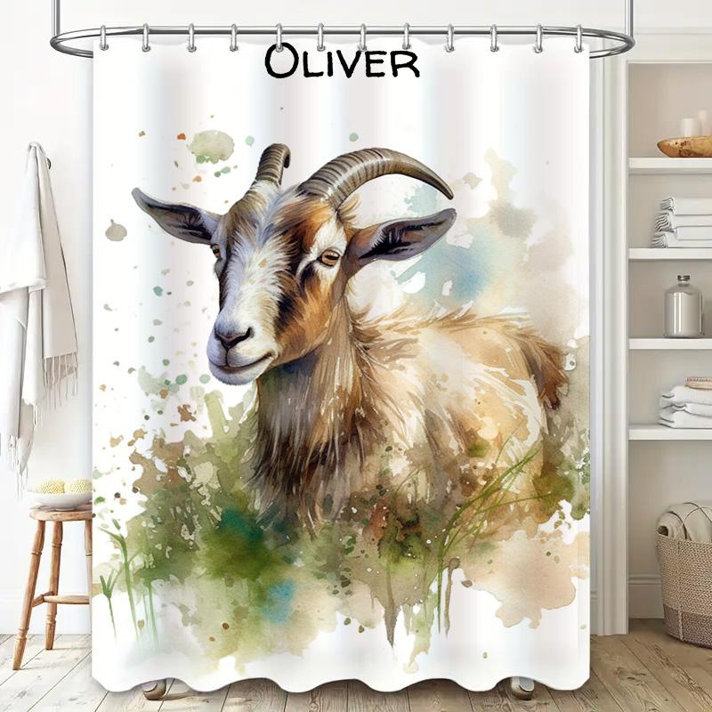 Customizable Art Print Goat Shower Curtain Personalized Bathroom Decor Olive Green Watercolor Painting Animal Home Decoration 18
