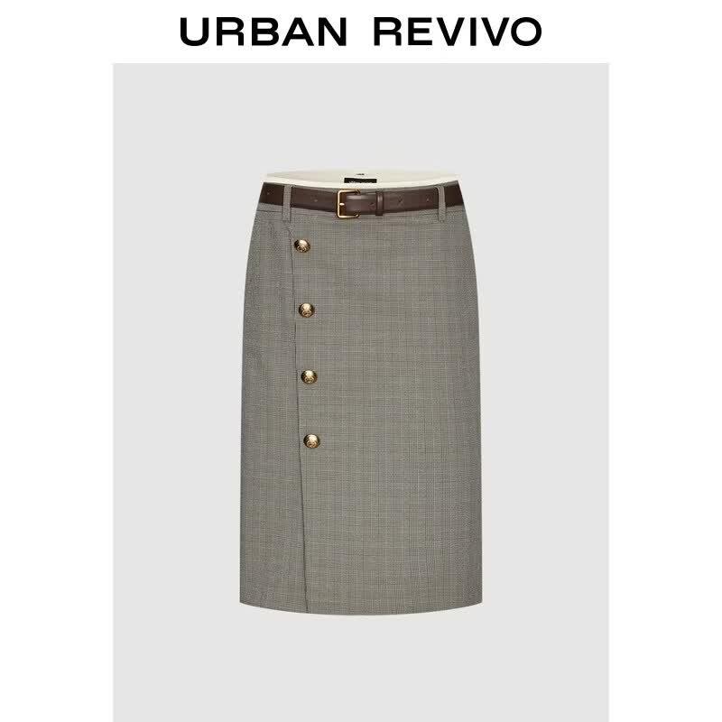 UR Women s Autumn Plaid Mid-Skirt with Belt XS