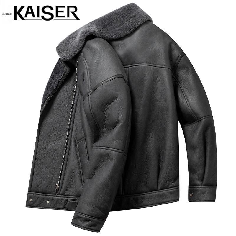 KAISER Men's Sheepskin Fur Lined Lapel Leather Jacket