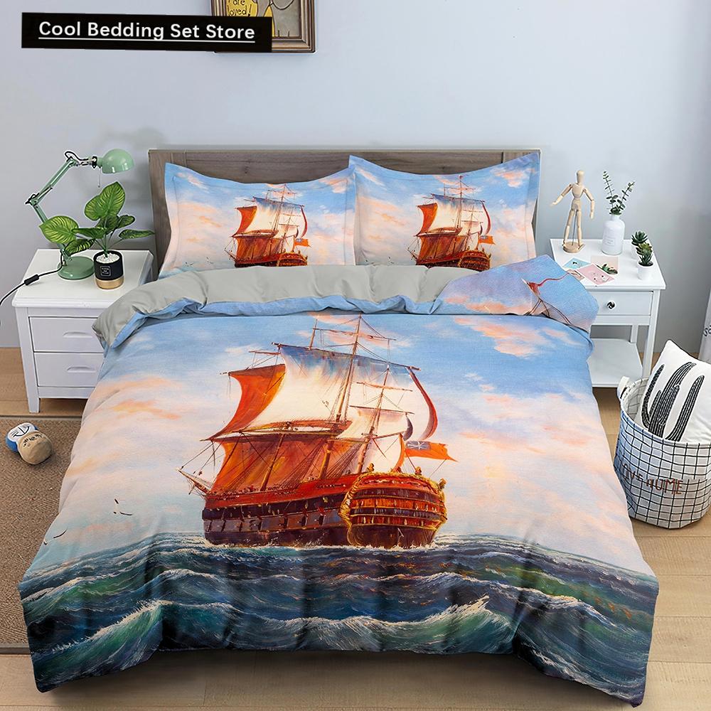 Nautical Sailboat Duvet Cover Queen King Size 3D Oil Painting Boat Style Bedding Set Ocean Soft 2/3pcs Polyester Quilt Cover