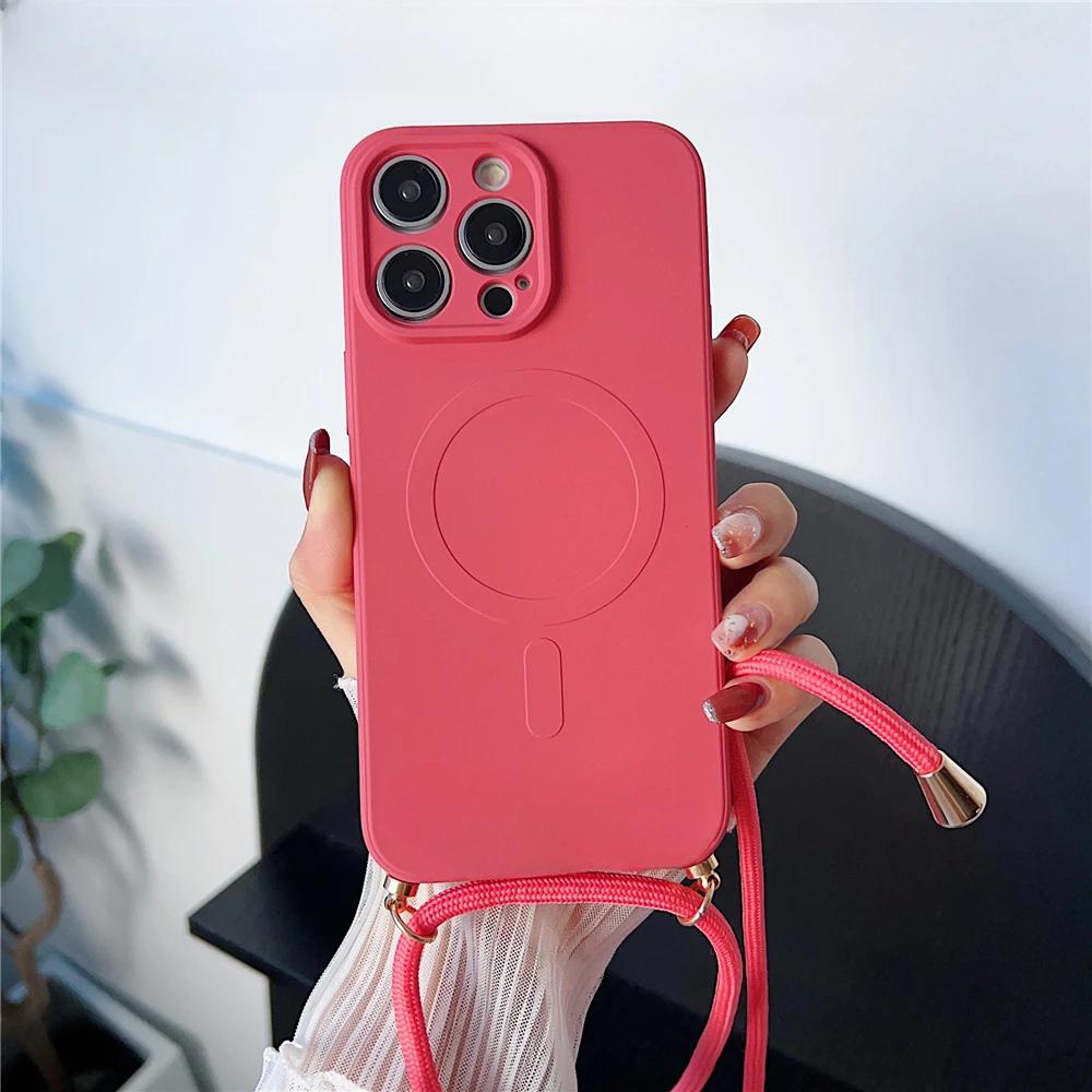 

Crossbody Lanyard Liquid Silicone Magnetic Case For iPhone 16 15 Pro Max 14 13 12Necklace For Magsafe Wireless Charging Cover iPhone 16 plus