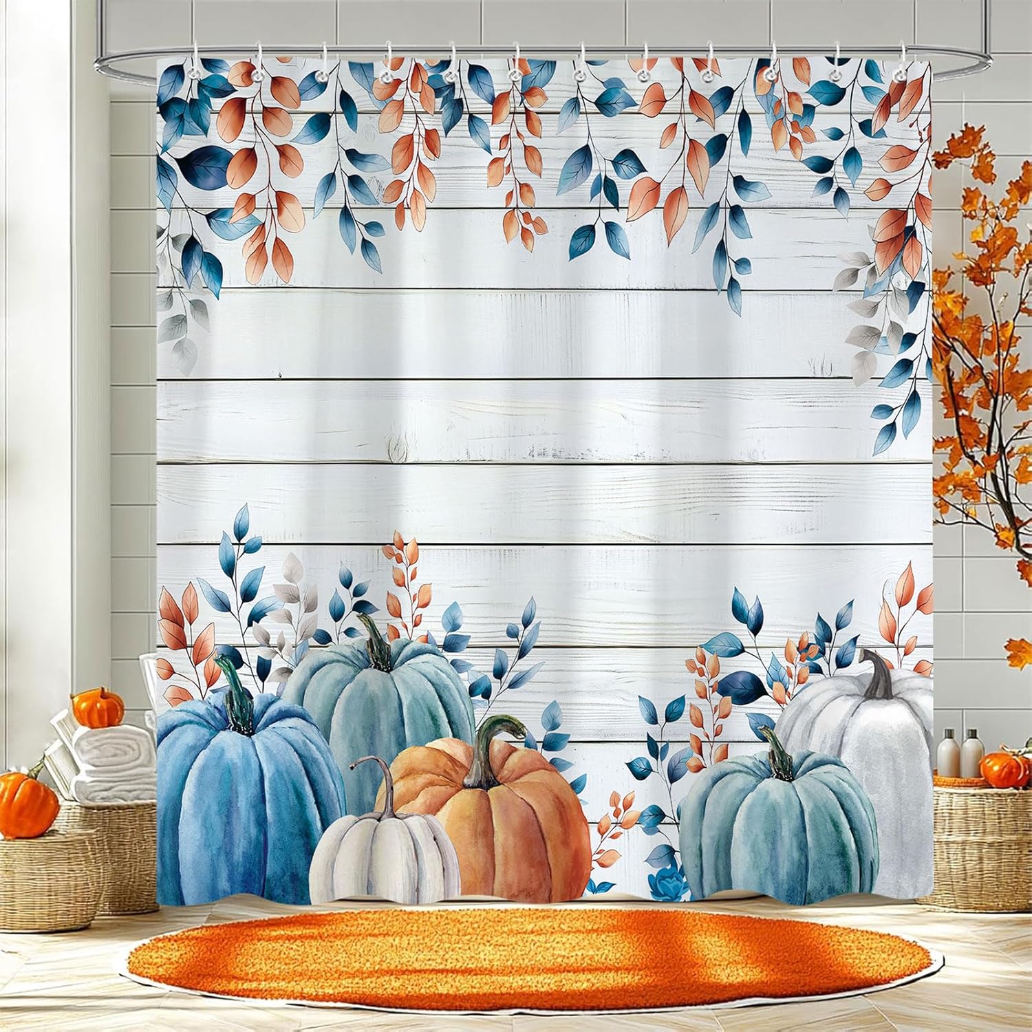 

Fall Pumpkin Shower Curtain, Autumn Thanksgiving Wooden Cross Design Bath Curtains For Bathroom, Watercolor Floral Decor W60H190(CM)-1 Pcs