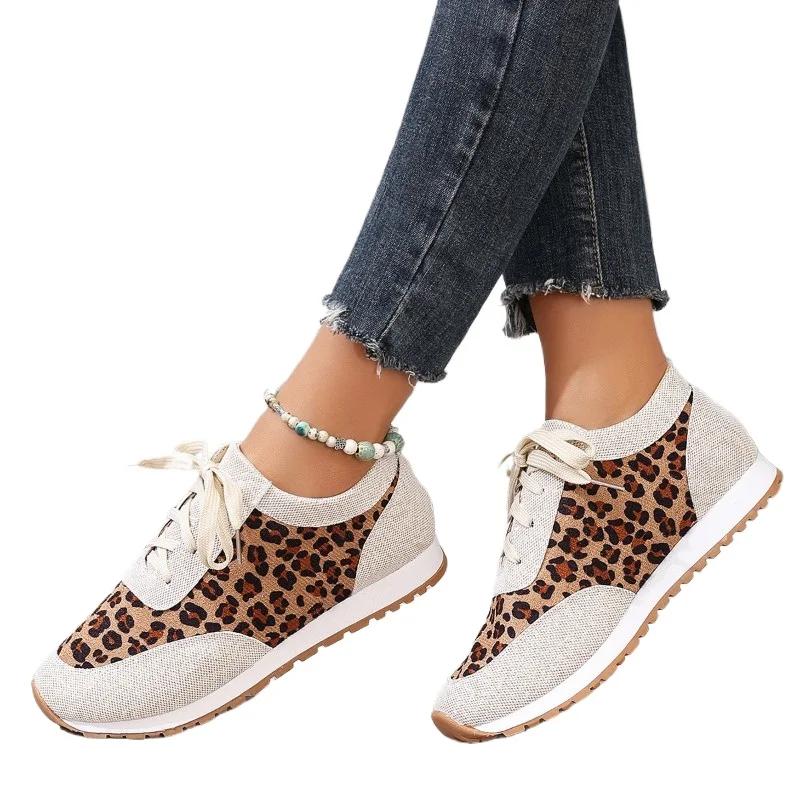 Fashion 2025 Hot Sale Ladies Shoes Lace-up Women's Vulcanize Shoes Fashion Leopard Print Plus Size Comfortable Outdoor Casual Shoes