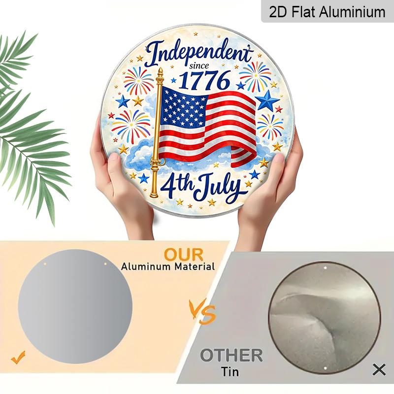 2D Flat, 1pc Round Aluminum 4th of July Sign, "Independent Since 1776" American Flag Metal Wall Art, Fireworks & Stars Design, Waterproof & Durable