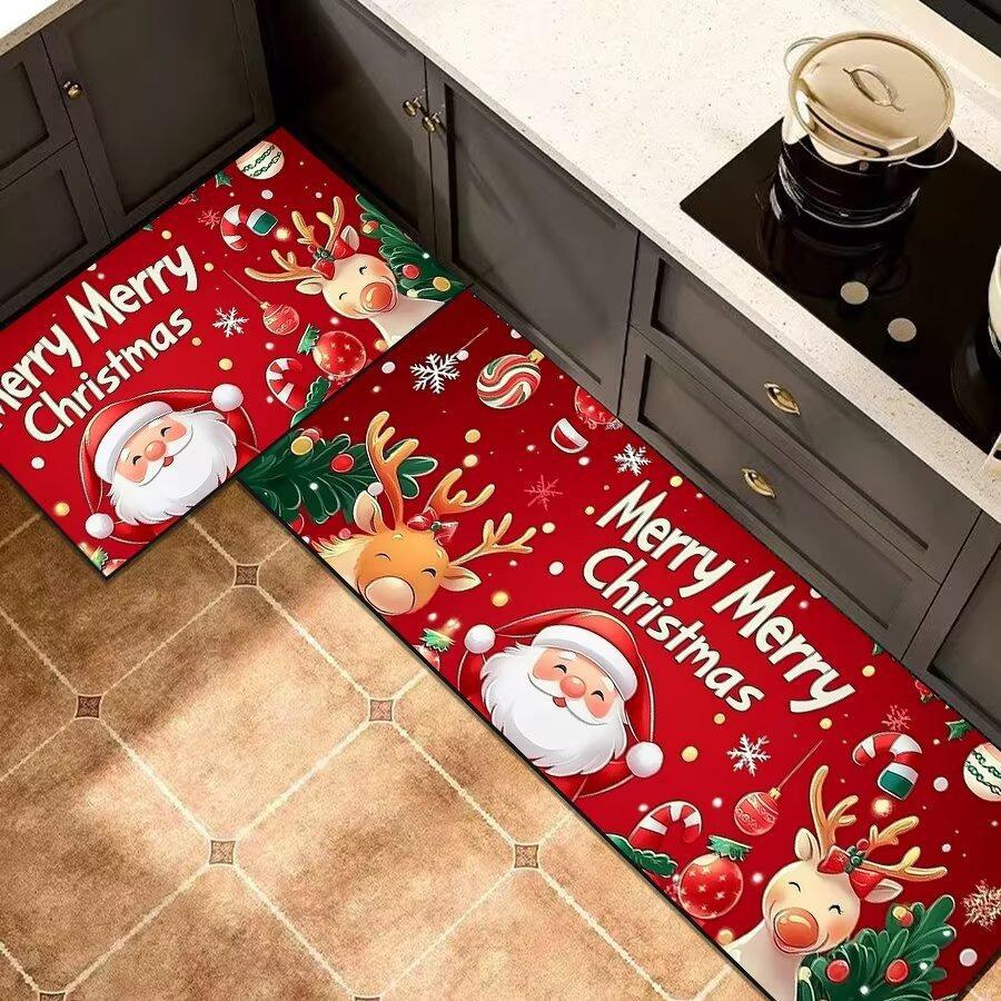 Christmas Santa Kitchen Mat Set, 2-PC Absorbent Non-Slip Floor Rugs for Holiday Decor