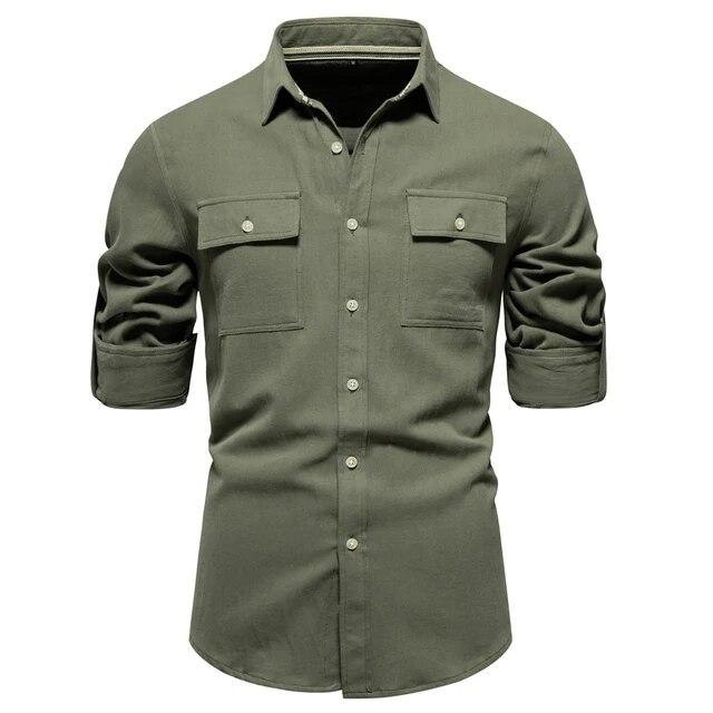 Cotton Casual Men's Shirts Solid Color Double Pockets Long Sleeve Shirts for MenSpring Designer Clothing Men