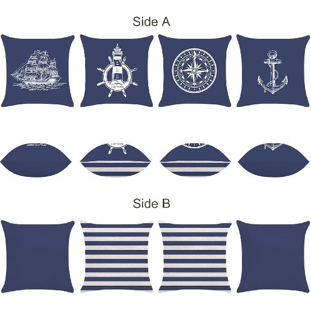 Bonhause Nautical Navy Blue Pillow Covers 18x18 Set of 4 Anchor Lighthouse Sailboat Compass Decorative Pillow Cases Linen Cushion Covers for Sofa