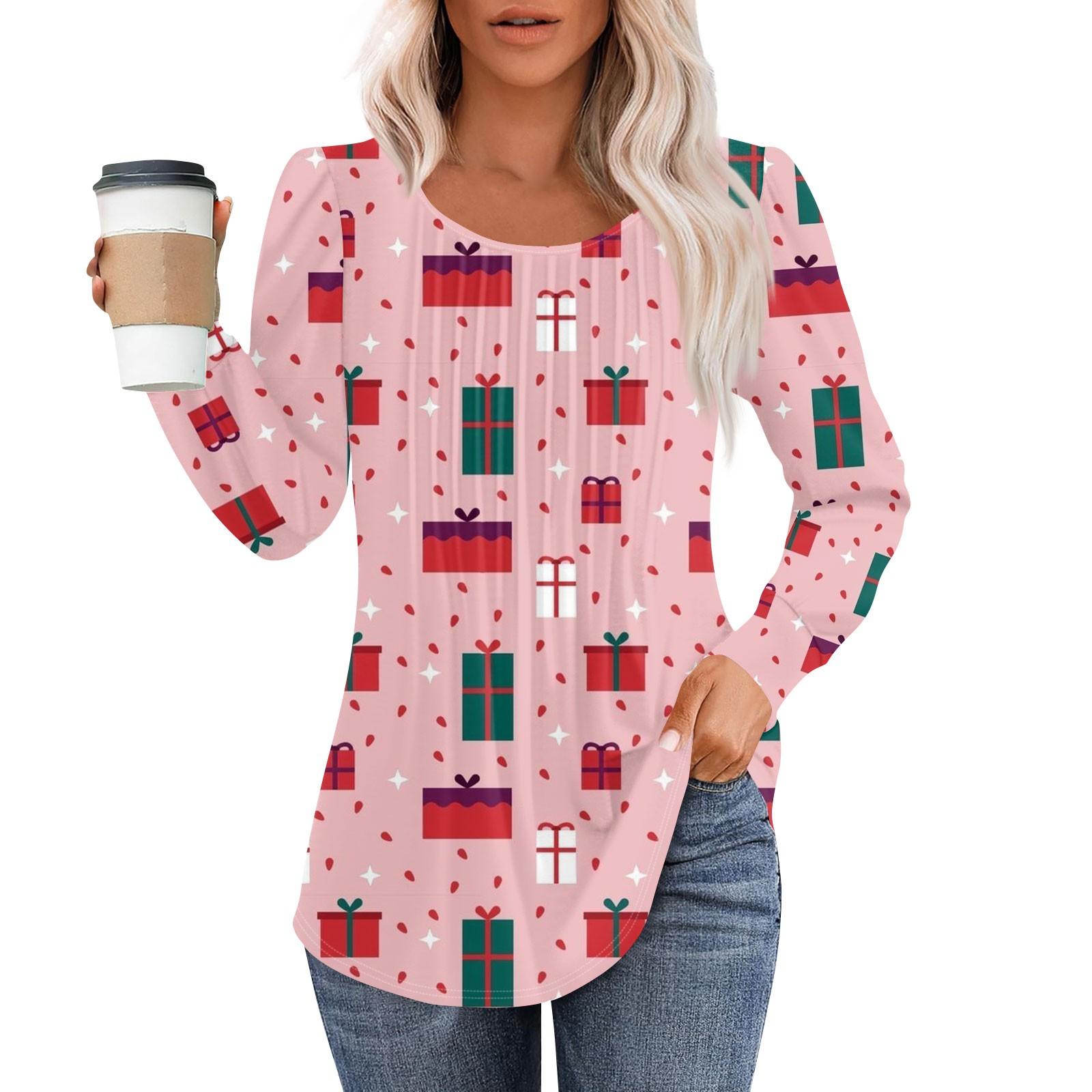 

Женская модная повседневная плиссированная футболка с круглым вырезом и рождественским принтом с длинными рукавами XL