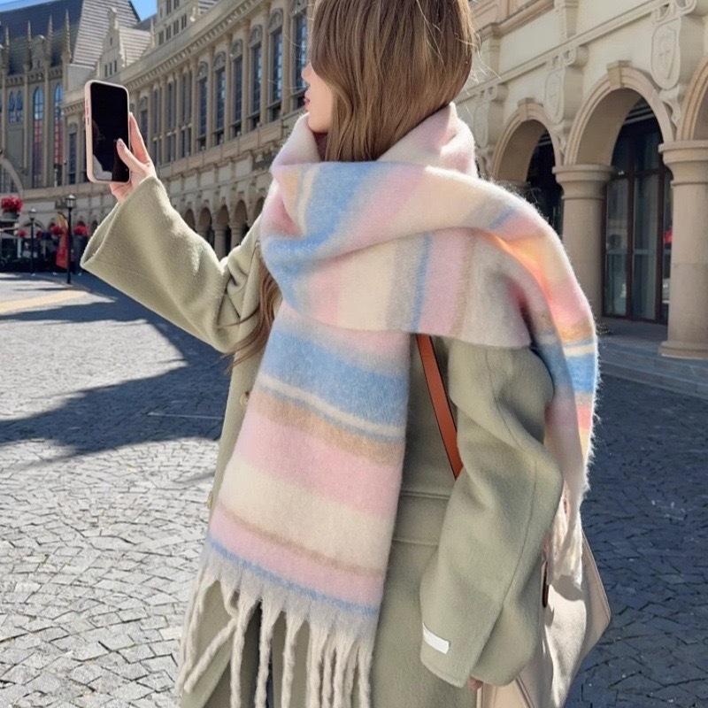 Korean Style Women's Winter Mohair Scarf - Versatile Khaki Plush Neck Warmer