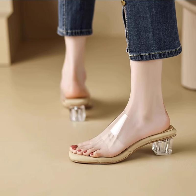 Fashion Soft Padded Crystal Heeled Mules Woman Transparent PVC Sandals Ladies Fashion Slip-on Square Toe Low Heel Clear Slipper Shoes