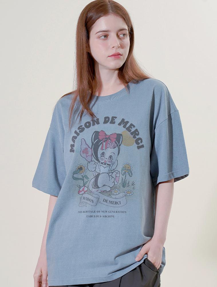 LA MAISON STUDIO Unisex Cutie Cat Pigment Smoky Short Sleeve T-Shirt Navy (Fcf2Ts418M)