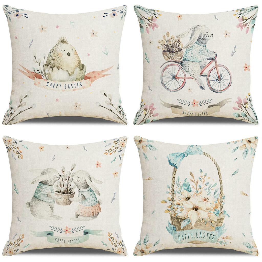 New Easter Pillowcase Cartoon Happy Egg Rabbit Flower Basket Linen Digital Printing Home