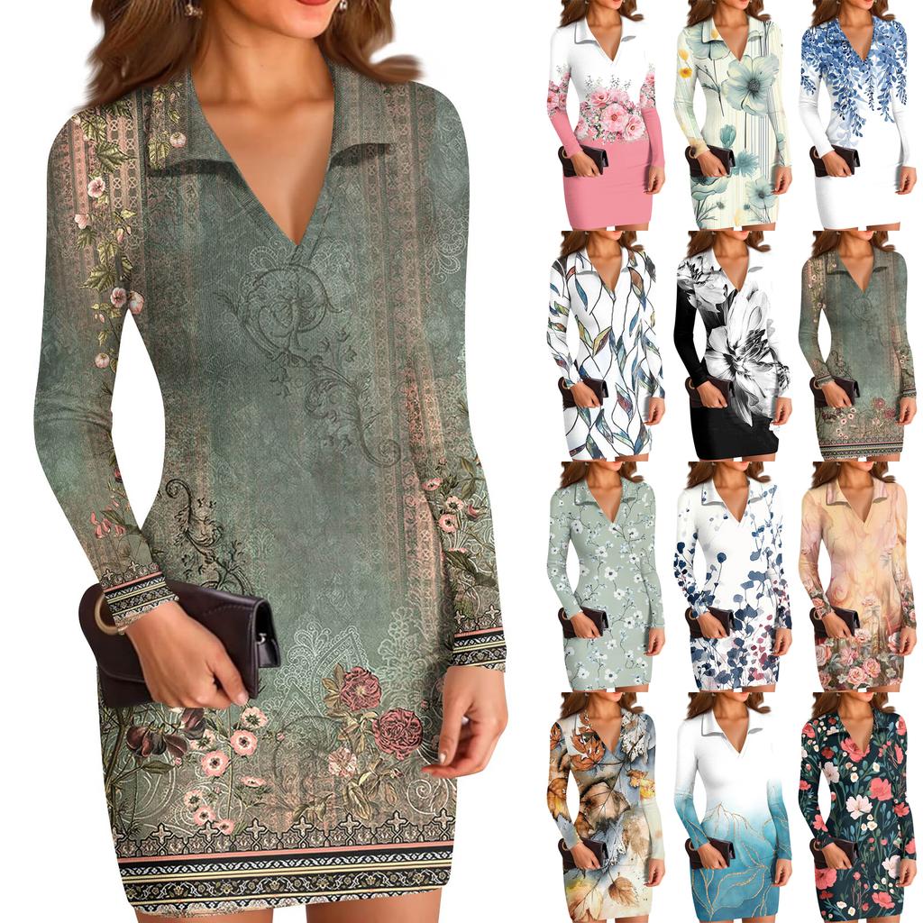 Dámské ležérní šaty s V-výstřihem, potiskem a dlouhým rukávem, vypasovaného střihu