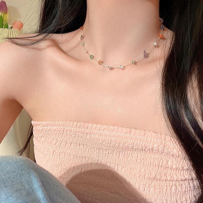 Color Gravel Necklace Women'S Summer Tide Simple And Versatile Niche Temperament Girlish Collarbone Chain Fashion Bracelet