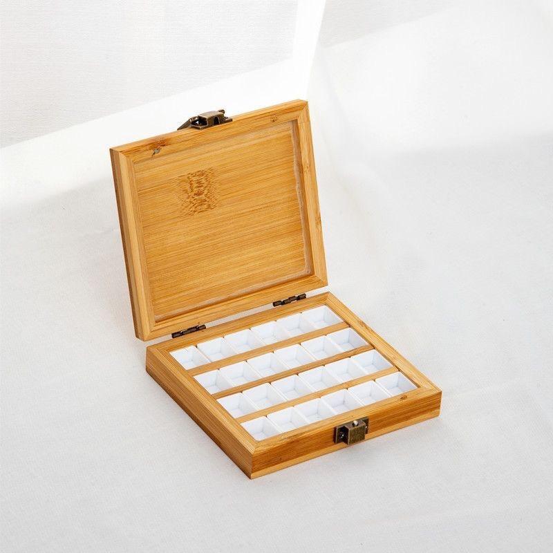 Bamboo Paint Box with 24 Half Pans & 36 Grid Palette - Portable Empty Watercolor Storage