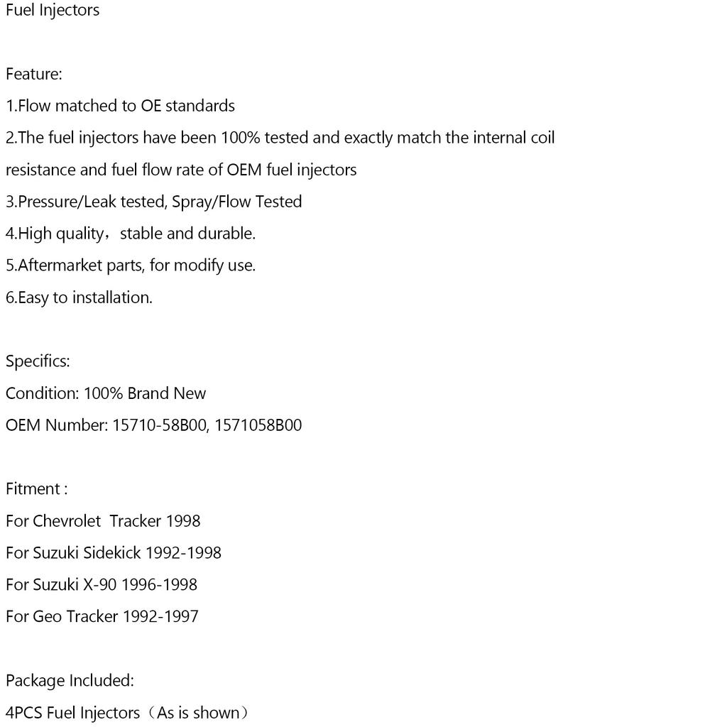 4PCS 15710-58B00 Fuel Injectors Fit For Suzuki Sidekick Tracker X-90 1.6L INP-470