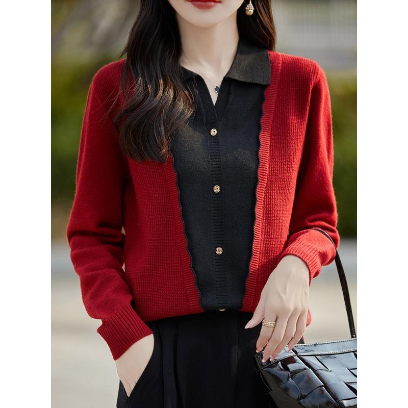 

Осенний вязаный свитер с контрастной цветной вставкой из двух частей для женщин, топ с лацканами, новый весенне-осенний верхний свитер для женщин XXL красный
