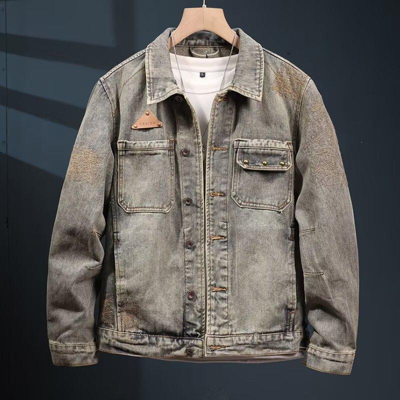 Denim jacket men's spring and autumn American vintage distressed trend slim biker jacket cargo casual top for men