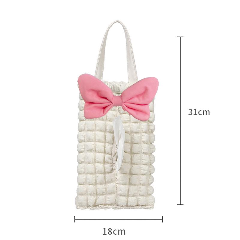 Cute Pink Bow Car Tissue Box Soft Puff Auto Seat Headrest Hanging Paper Tower Holder Organizer Bag Car Interior Accessories