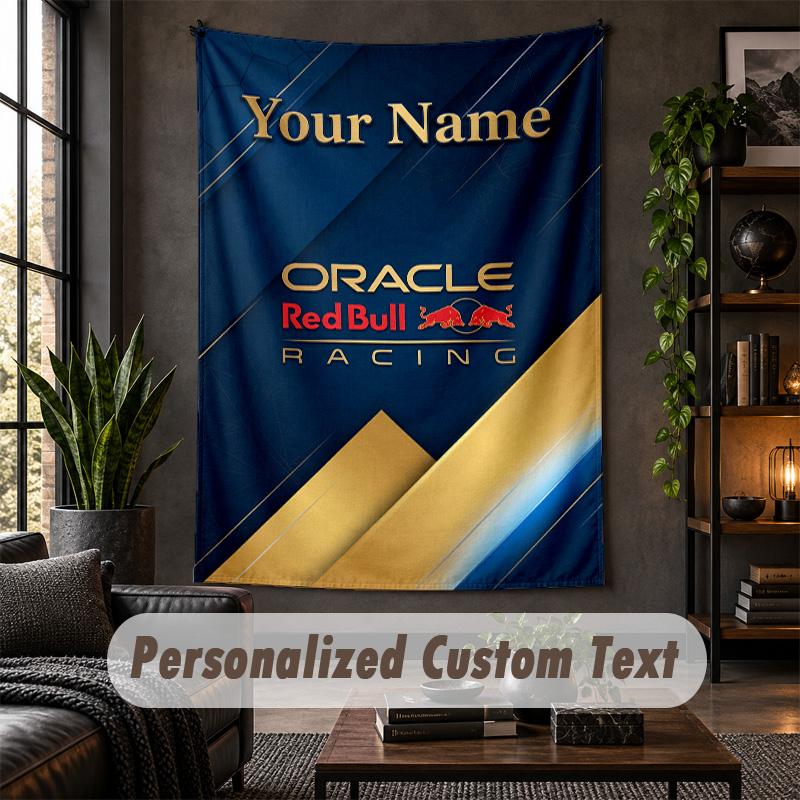 Personalisierte Wandtapisserie, Red Bull Racing Benutzerdefinierter Text, Weiches Stoff-Wandbild für die Innendekoration